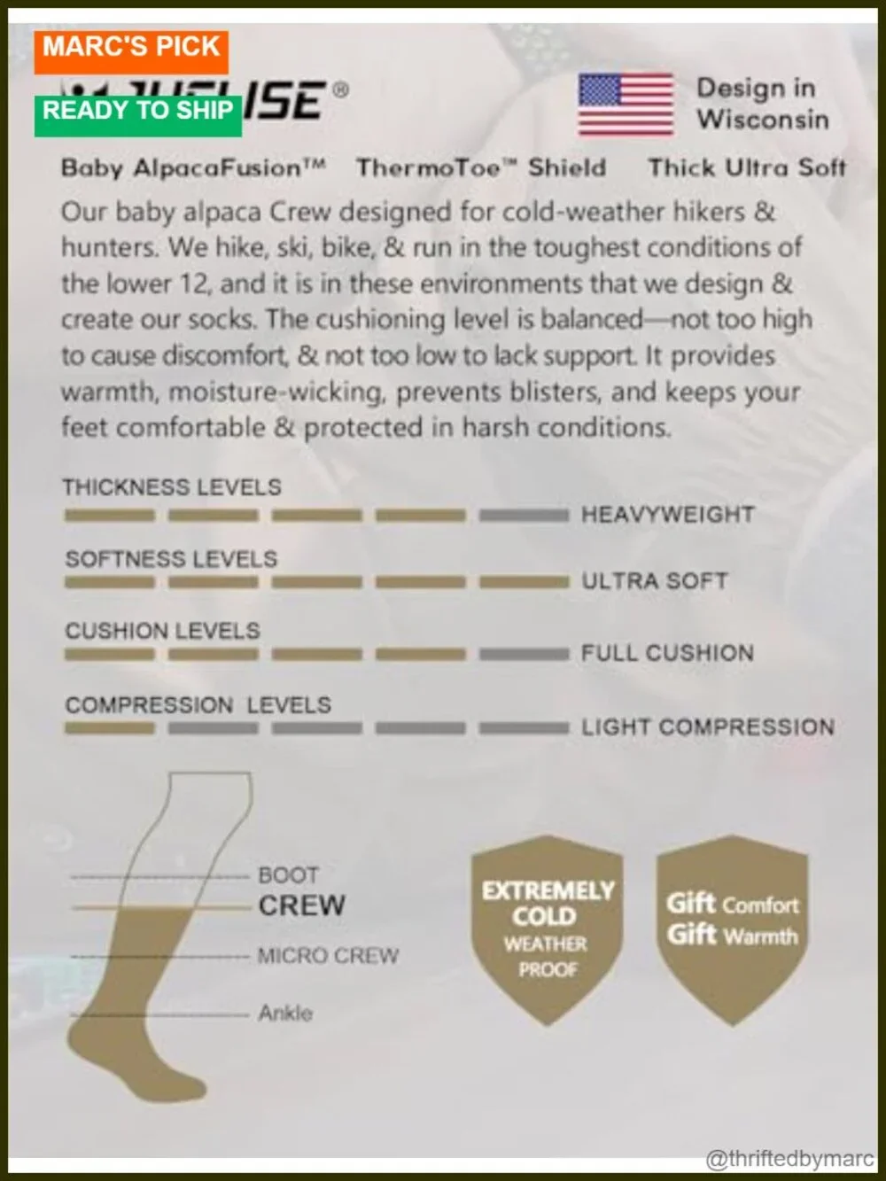 Alpaca Wool Heavyweight Thermal Hiking Socks Men's Crew
